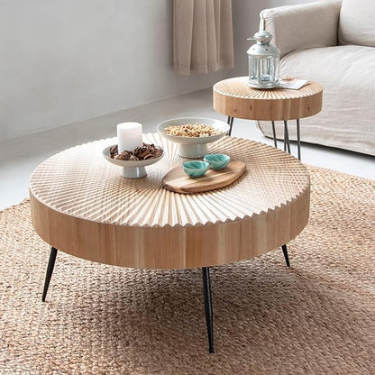 LONYKE 2-Piece Farmhouse Nesting Table Round with Handcrafted Wood Radial Pattern, Modern Coffee Table Set for Living Room