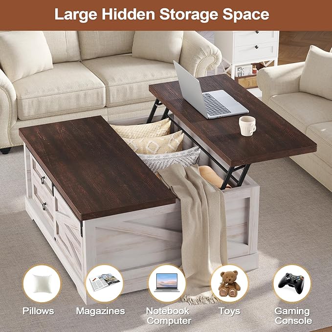 Itaar 39.4'' Lift Top Coffee Table with Storage, Farmhouse Coffee Tables for Living Room, Square Coffee Table with Large Hidden Compartment & 2 Drawers & Adjustable Shelves, White