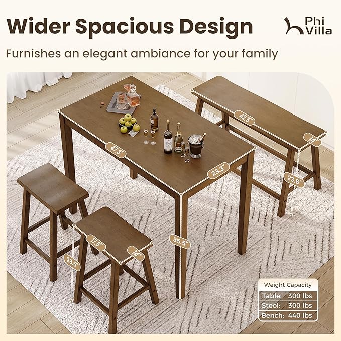 PHI VILLA Dining Table Set for 4, Counter Height Dining Table with 2 Chairs and 1 Bench, Solid Wood Table Sets for Farmhouse, Rustic Kitchen and Dining Room Table Set with Chairs, Rustic Caramel