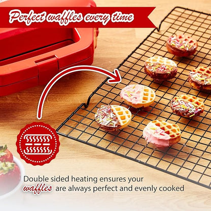 Mini Waffle Maker for Kids, Small Non-Stick Waffle Iron, Makes 8 x 2" Thin Waffles, Easy to Use, Waflera Electrica, Recipes Included