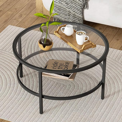 29.5" Round Glass Coffee Table, 2-Tier Modern Black Glass & Metal End Table for Living Room, Mid Century Accent Table with Lower Shelf, 29.5" D x 16.5" H