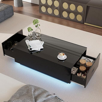 41" LED Coffee Table with 2 Drawers - High Gloss Black Modern Table with Lighting for Living Room (41.33" W x 23.62" D)
