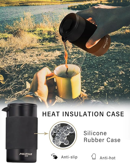 POLIVIAR French Press Coffee Maker, 12 oz Portable French Press with Mini Canister and Collection Bag, Double Wall Insulation & Dual- Filter Screen, Food Grade Stainless Steel for Coffee