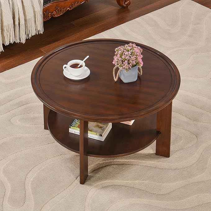 MODERION Round Tray Top Coffee Table with Storage Shelf, Farmhouse Wood Cocktail Tables, Living Room Center Tea Table-, 31.9" Dia x 17.7" H, Easy Assembly Dark Cherry Red YKFZ-D0036-DCR