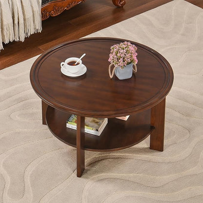 MODERION Round Tray Top Coffee Table with Storage Shelf, Farmhouse Wood Cocktail Tables, Living Room Center Tea Table-, 31.9" Dia x 17.7" H, Easy Assembly Dark Cherry Red YKFZ-D0036-DCR