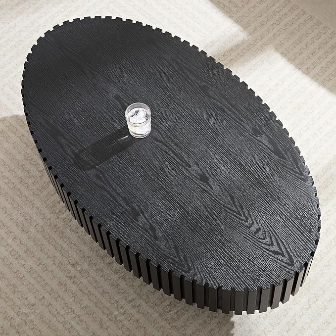 43.7 Inch Oval Drum Coffee Table, Modern Handcraft Fluted Drum Coffee Table, Wooden Round Coffee Table Center Table with Sturdy Pedestal for Living Room Apartment (Black)