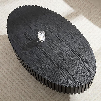 43.7 Inch Oval Drum Coffee Table, Modern Handcraft Fluted Drum Coffee Table, Wooden Round Coffee Table Center Table with Sturdy Pedestal for Living Room Apartment (Black)