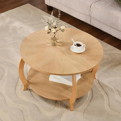 32.3” Round Coffee Table with Storage Shelf, Classic Living Room Tables with Oak Wood Veneer Tabletop, Cocktail Tea Table- with Curved Leg, 220 LBS Capacity, Easy Assembly Natural KFZ-D10040-LT