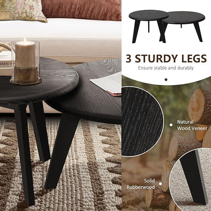 23.6" Coffee Table Mid Century Modern Farmhouse Round Nesting Stacking, Vintage Rustic Solid Wood, Black Accent Coffee Table for Living Room, Bedroom & Office, Espresso