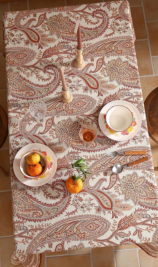 Designer French Red Table Cloth for Rectangle Table,Fall Linen Tablecloth with Cashew Pattern,Stain Proof Decor Tablecloths for Dining Thanksgiving Kitchen,55"*87"-Chauffrey D