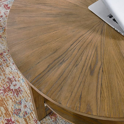 PADMA HOUSE 33.5" Round Wood Coffee Table, 2-Tier Solid Wood Rounded Circle Accent Coffee Table Center Cocktail Table Vintage Furniture for Home Living Room Bedroom,Yellowish Brown 3338