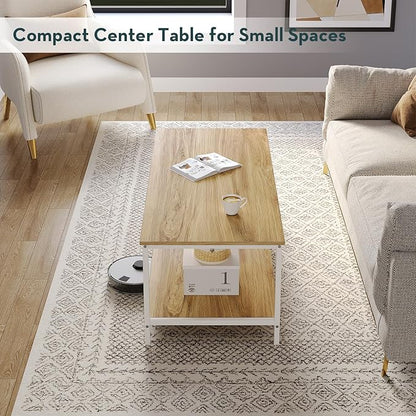 SAYGOER Coffee Table with Storage 2-Tier Industrial Center Table for Living Room, Rectangle Wood Table for Small Spaces Apartment Home Office, Oak White