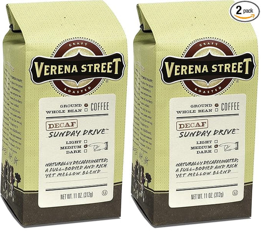 Verena Street 11 Ounce Ground, Swiss Water Process Decaf Coffee, Sunday Drive Decaffeinated, Medium Roast Rainforest Alliance Certified Arabica Coffee (Pack of 2)