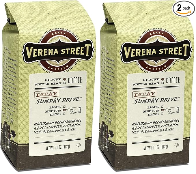 Verena Street 11 Ounce Ground, Swiss Water Process Decaf Coffee, Sunday Drive Decaffeinated, Medium Roast Rainforest Alliance Certified Arabica Coffee (Pack of 2)