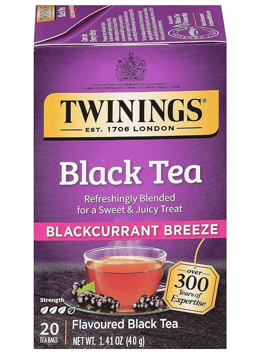 Twinings Blackcurrant Breeze Black Tea Individually Wrapped Bags, 20 Count (Pack of 1), Sweet, Tangy Taste, Caffeinated, Enjoy Hot or Iced, 20 Teabags