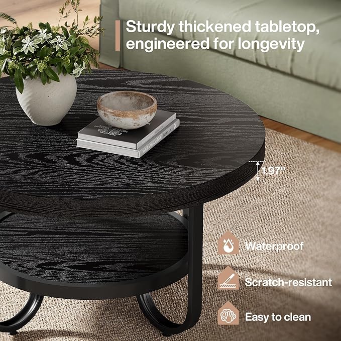 Tribesigns Round Coffee Table, 31.5" Modern Wood Circle Center Table with Storage Shelf and Metal Frame, 2-Tier Industrial Accent Cocktail Table for Living Room, Small Space, Apartment, Black