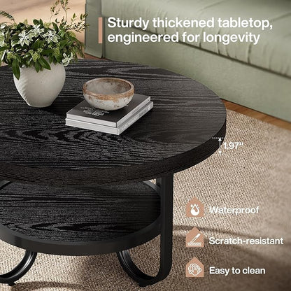 Tribesigns Round Coffee Table, 31.5" Modern Wood Circle Center Table with Storage Shelf and Metal Frame, 2-Tier Industrial Accent Cocktail Table for Living Room, Small Space, Apartment, Black