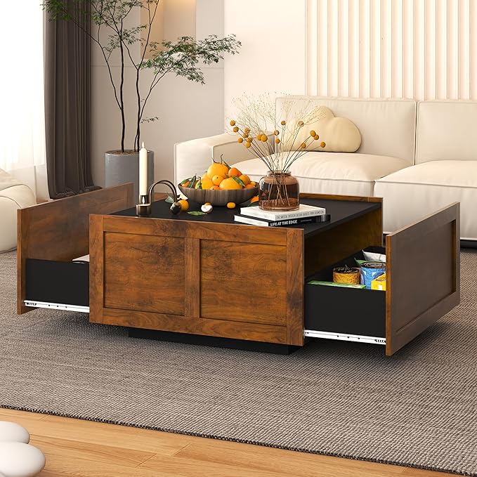 Farmhouse Coffee Table with 2 Storage Drawers for Living Room Square Center Middle Table Modern Cocktail Table Contemporary Mid Century Wood Home Office Waiting Room, Black Rustic