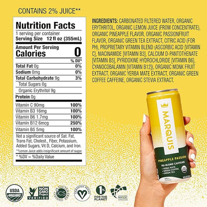 Marquis - Natural Energy Drink - Pineapple Passion - Sugar Free - 0 Calories - 100mg of Organic Plant Based Caffeine - Yerba Mate - Green Tea - Vitamin C & B Vitamins - Vegan - 12 oz Cans - 12 Pack