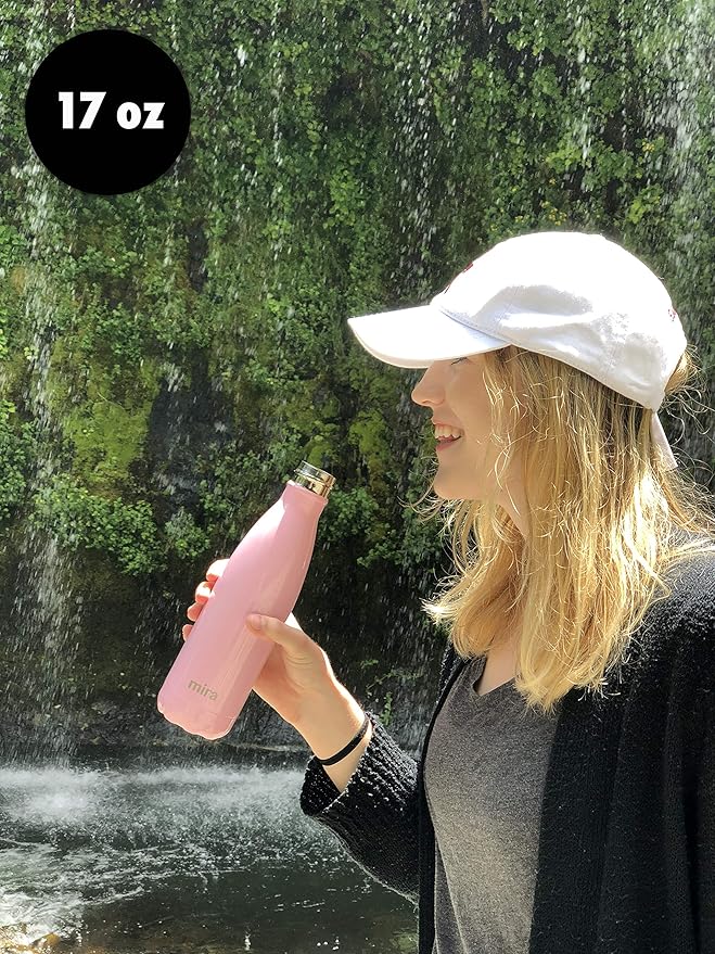 MIRA 17 Oz Stainless Steel Vacuum Insulated Water Bottle - Double Walled Cola Shape Thermos - 24 Hours Cold, 12 Hours Hot - Reusable Metal Water Bottle - Leak-Proof Sports Flask - Rose Pink