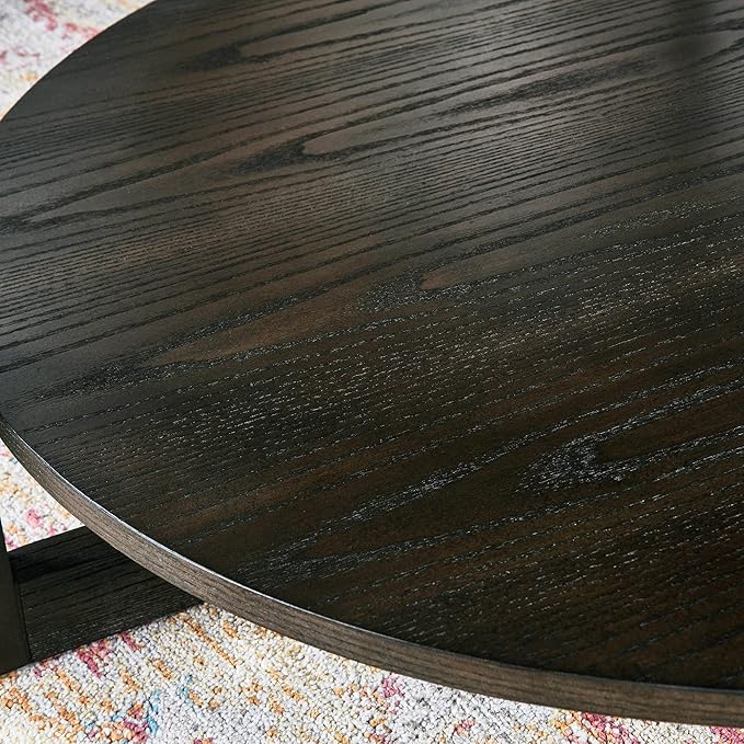 PADMA HOUSE 33.5" Round Wood Coffee Table, 2-Tier Solid Wood Rounded Circle Accent Coffee Table Center Cocktail Table Vintage Furniture for Home Living Room Bedroom,Black Brown 3338BK