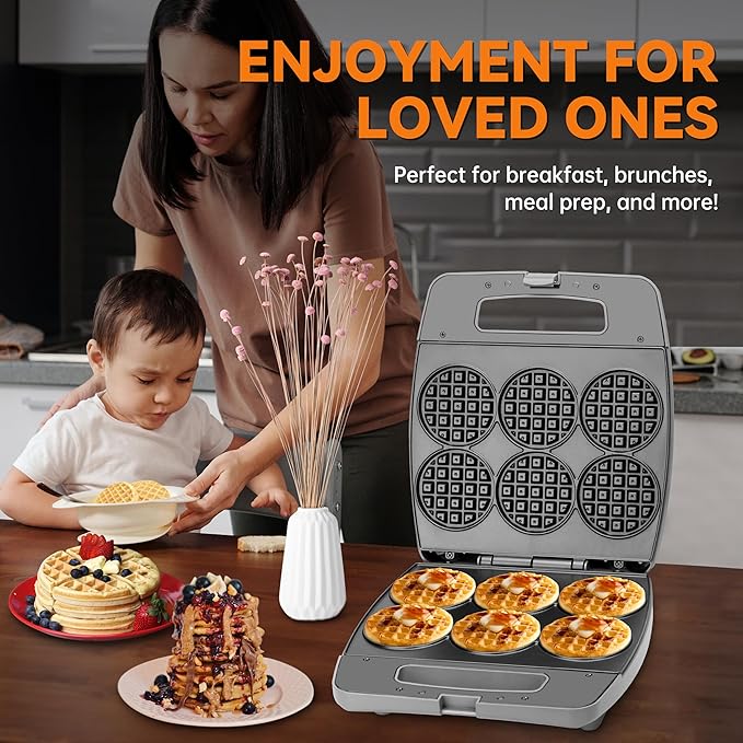 Baker's Friend Multi Mini Waffle Maker Machine, Bake 6 x 3 Inch Small Waffles, Perfect for Families and Individuals Use, Excellent Choice for Breakfast Brunch Parties & Events, Graphite