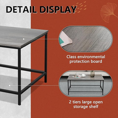 SENIG Modern Coffee Table, Industrial Style Rectangular Table, Grey Wood and Sturdy Metal Side End Table, Rustic Accent Functional Coffee Table for Living Room. 39.3 x 20 x 16