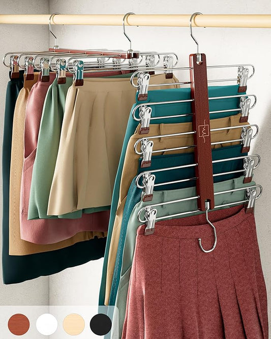MORALVE Skirt Hangers Space Saving with Clips - 2 Pack - European Beechwood 5-Tier Hanger for Shorts, Skirts, and Pants - Closet Organizer and Storage Solution for Women with 360° Swivel Hook