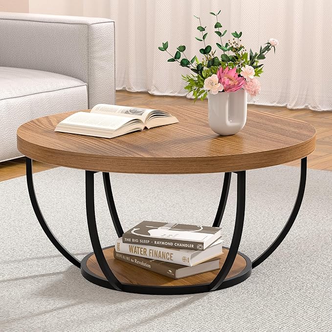 Round Coffee Table, 31" Coffee Table for Living Room Decor, 2-Tier Storage with Steel Frame, Space-Saving Wood Center Table, Modern Style Easy Assembly (Brown)