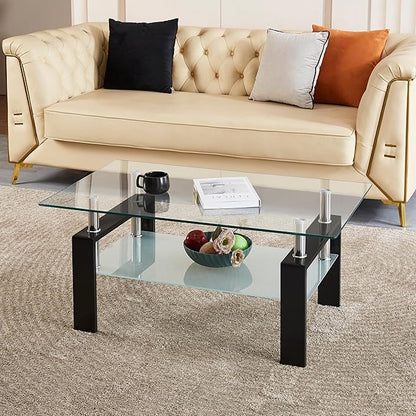 Glass Coffee Table for Living Room, 2 Layer Center Table with Clear Rectangle Tempered Glass Top Black Metal Leg, Mordern Home Office Furniture