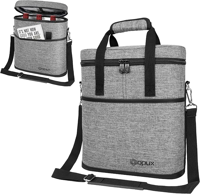 opux 3 Bottle Wine Carrier Tote, Insulated Leakproof Wine Cooler Bag, Wine Travel Bag Tote for Picnic BYOB Beach, Portable Wine Bottle Carrying Case, Gift for Wine Lover Women Men Christmas, Grey