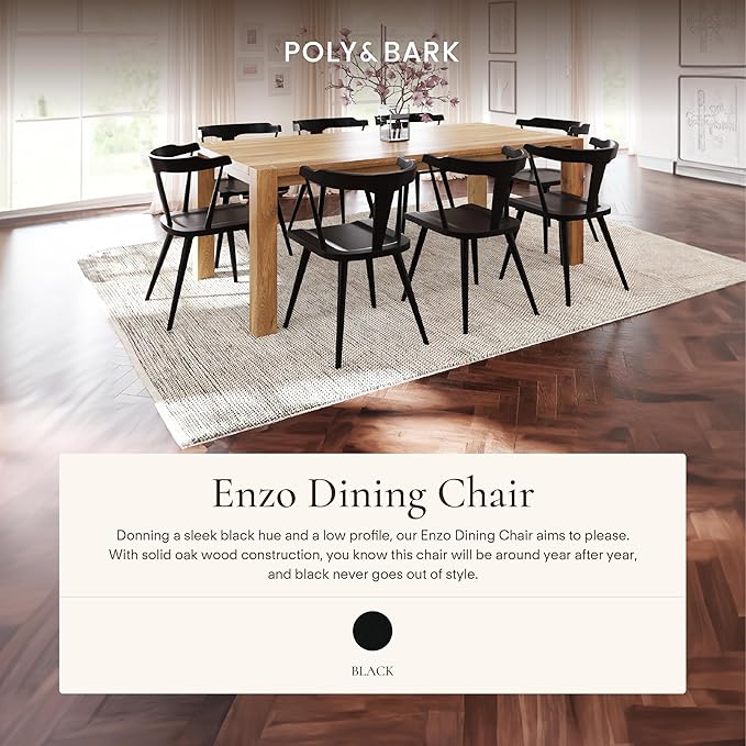 Poly & BARK Mid Century Modern Enzo Black Dining Chair – Solid Oak Wood Splat Back Chair, 18" Seat Height, 32" Tall – Stylish MCM Kitchen & Dining Room Chair - Set of 2