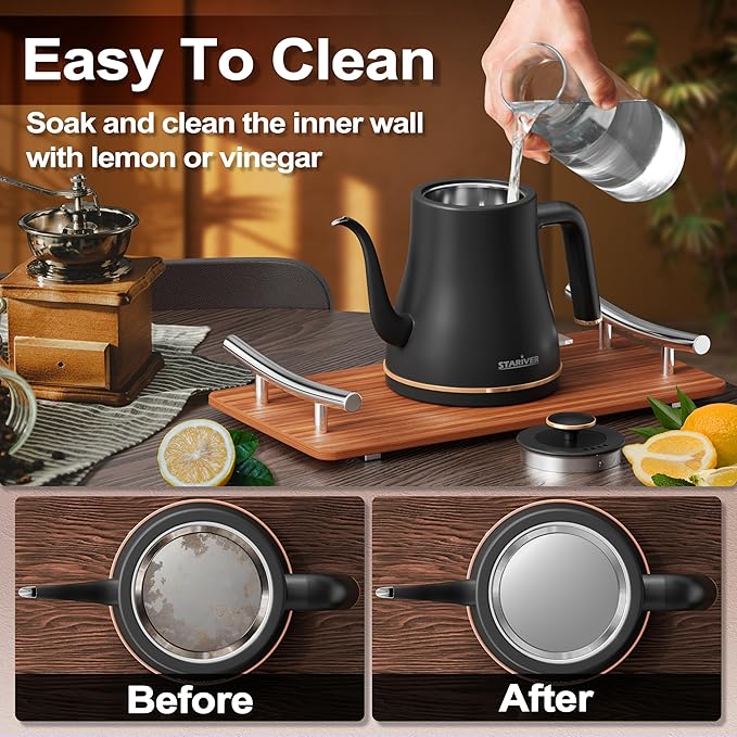 Stariver Gooseneck Electric Kettle, 0.8L Electric Tea Kettle Tea Pot, Pour Over Coffee Kettle with Stainless Steel Inner Lid & Bottom, Water Boiler with Auto Shut Off and Boil Dry Protection, Black