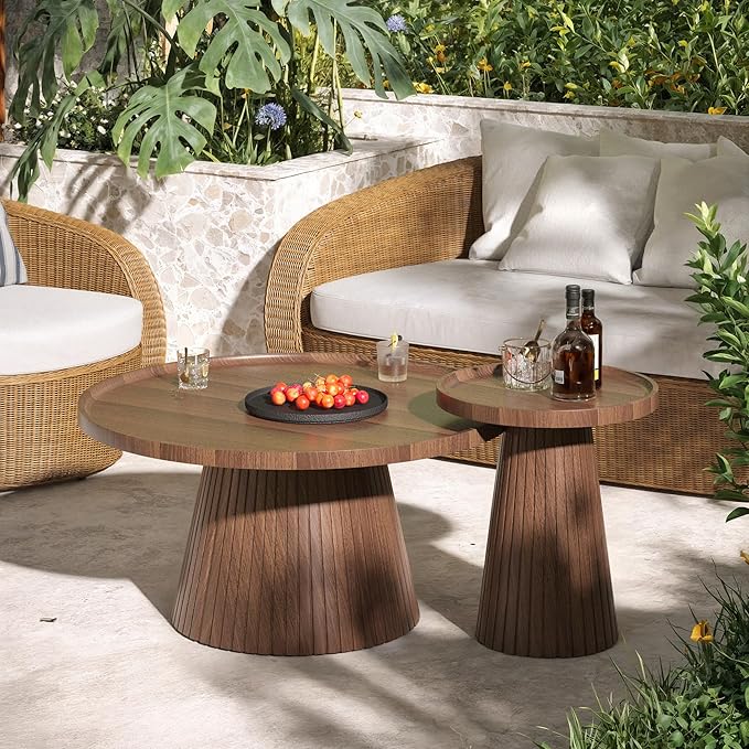 win2win Nesting Coffee Table Set of 2, Mid Century Modern Coffee Table with Wood Grain Veneer, Fluted Round Tea Table and End Table Set, Minimalist Center Tables for Living Room, Office, Walnut