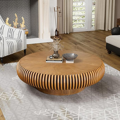 Round Fluted Coffee Table Modern Handcraft Drum Coffee Table with Sturdy Pedestal 39.37" Farmhouse Center Table Tea Table for Living Room, Reception Room, Entertainment Room (Brown 39.37")