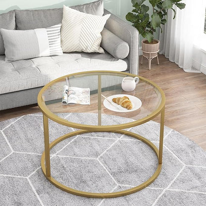 Glass Coffee Table,Round Gold Coffee Table for Small Space,27" Modern Center Table,Glass Top Clear Coffee Table with Sturdy Metal Frame for for Living Room Home Office, Easy Assembly