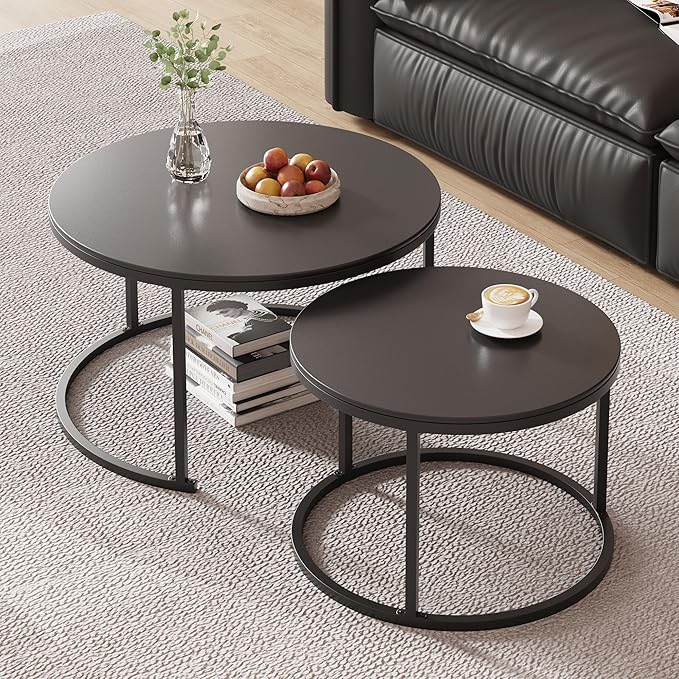 Round Nesting Coffee Table, Black Modern Decorative Coffee Center Table Set of 2,Round Sintered Stone 24'' Coffee Table for Living Room with Sturdy Metal Frame.