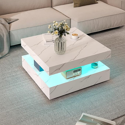 White Marble LED Coffee Table with 2 Storage Drawers for Living Room Square Center Middle Table Modern Cocktail Table with Light 2-Tier Tea Tables Contemporary Mid Century Wood Home Office