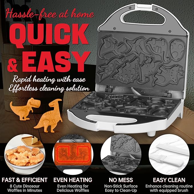 Dinosaur Mini Waffle Maker for Kids, Mini Pancake Maker Machine for Halloween, 8 Different Shaped Dinos in Minutes, Electric Non-Stick Waffle Iron, White