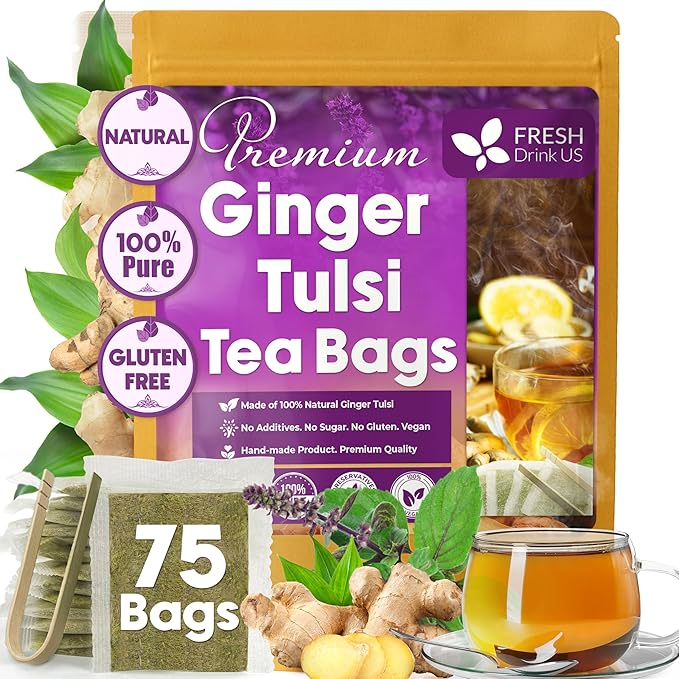 FreshDrinkUS, Premium 75 Ginger Tulsi Tea Bags, 100% Natural, Hand-made Blend of Ginger and Tulsi Holy Basil Leaves, Eco-conscious Tea Bags. Herbal Tea. No Sugar, No Caffeine, Vegan.