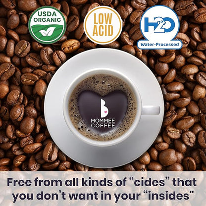 Mommee Coffee Half Caf Low Acid Whole Organic Coffee Beans - 100% Arabica Organic Half Caff Coffee Beans with Smooth Caramel Flavor - Natural Process - Medium Roast - 11 oz