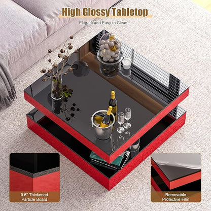 Red LED Coffee Table for Living Room, Living Room Table 2-Tier Square Modern High Glossy Contemporary Wood Coffee Tables with Storage, Tea Table for Dining Reception Room