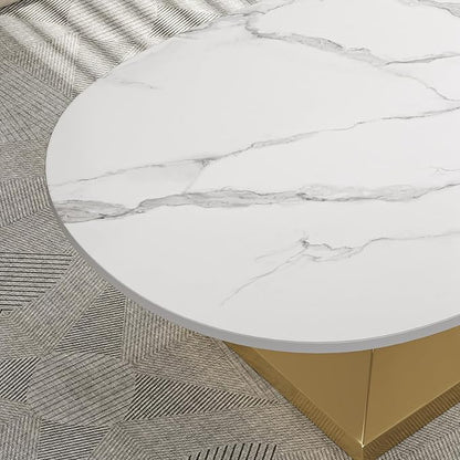 Marble Grain Coffee Table with Gold Stainless Steel Pedestal,Modern Coffee Tables,Oval Living Room Table with Faux Marble Top & Luxury Legs,Sintered Stone Cocktail Center Table,51.20inch