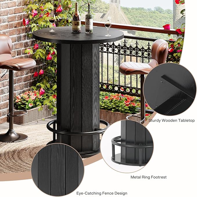 Tribesigns Round Bar Table, 39.4" H Wood Bistro Pub Table with Metal Ring Footrest for Dining Coffee Cocktail Living Room, Small Space, Black(Only Table)