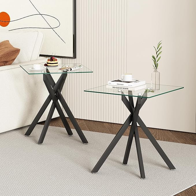 Black Glass Coffee Table Set of 3 Modern End Table Living Room Side Table, Geometric Metal Legs 39.4 Inch Clear Rectangle Center Cocktail Tables, Black