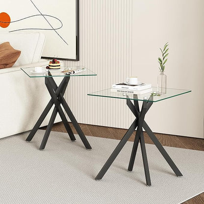 Black Glass Coffee Table Set of 3 Modern End Table Living Room Side Table, Geometric Metal Legs 39.4 Inch Clear Rectangle Center Cocktail Tables, Black