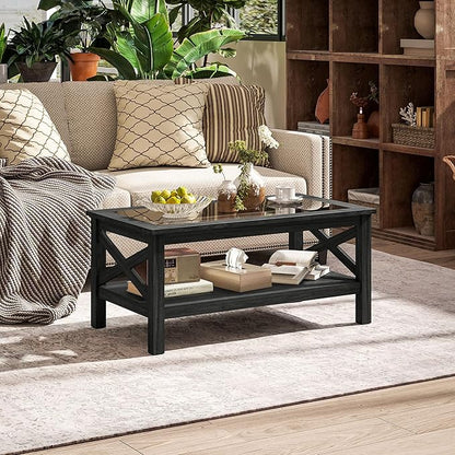 HOMCOM Glass Coffee Table, Modern Farmhouse Center Table with Storage, Side Table for Living Room with Classic X-Bar Style Sides, Black