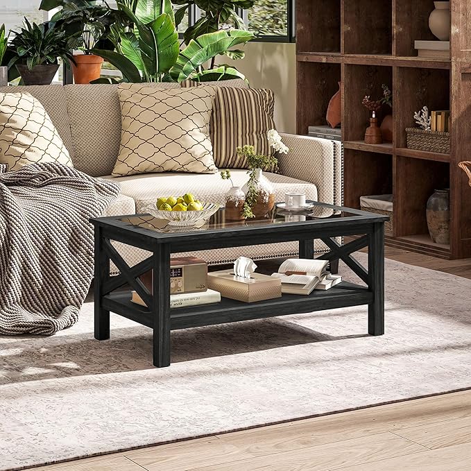 HOMCOM Glass Coffee Table, Modern Farmhouse Center Table with Storage, Side Table for Living Room with Classic X-Bar Style Sides, Black