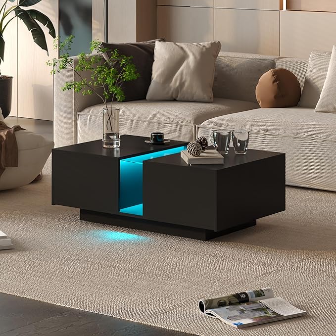 Black Led Coffee Table for Living Room, Rectangular Living Room Table with Storage, Acrylic Coffee Tables with 2 Sliding Drawers, Wood Center Table for Reception Dinning Room
