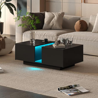 Black Led Coffee Table for Living Room, Rectangular Living Room Table with Storage, Acrylic Coffee Tables with 2 Sliding Drawers, Wood Center Table for Reception Dinning Room